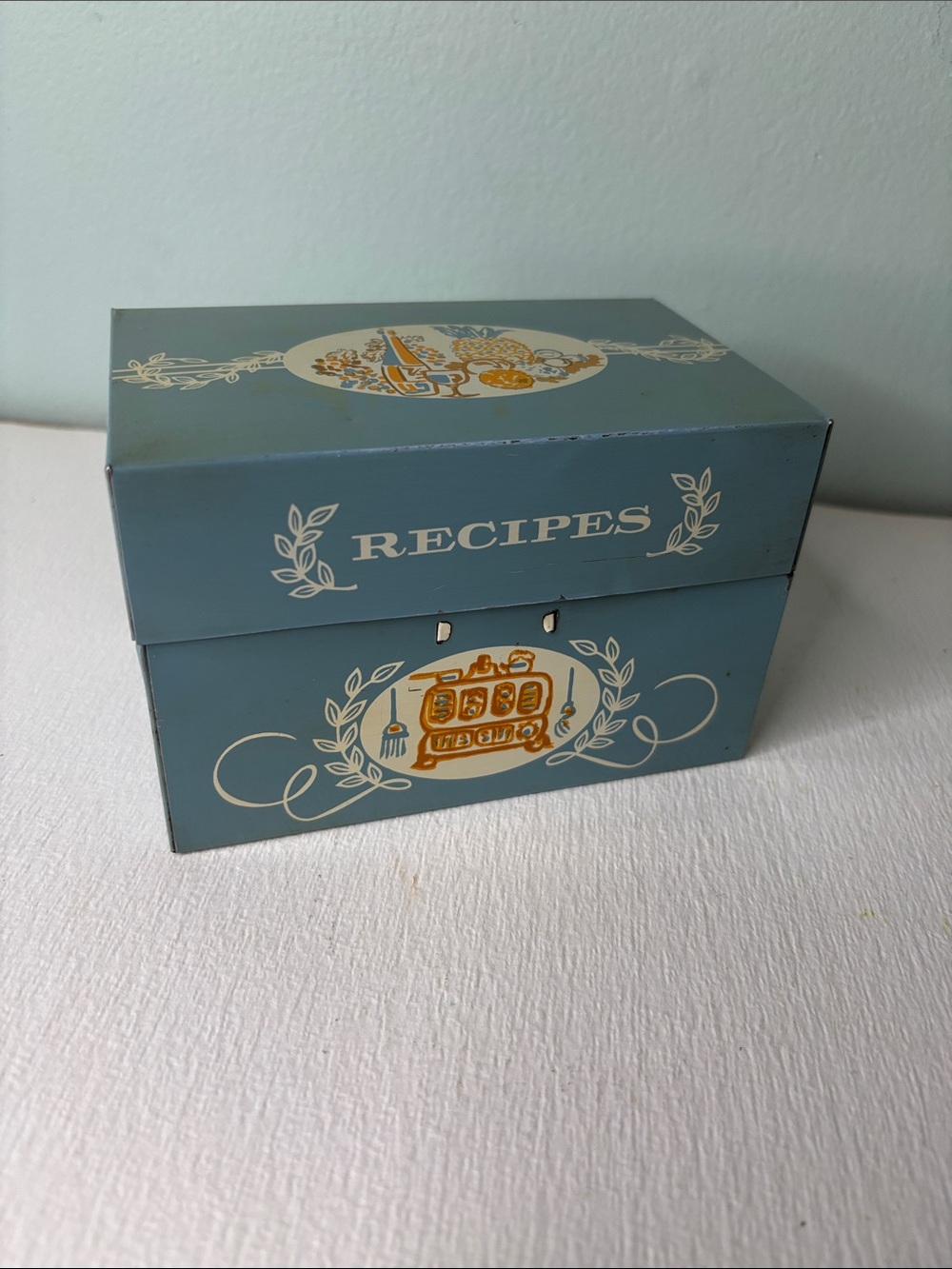 Vintage Blue Metal Recipe Box